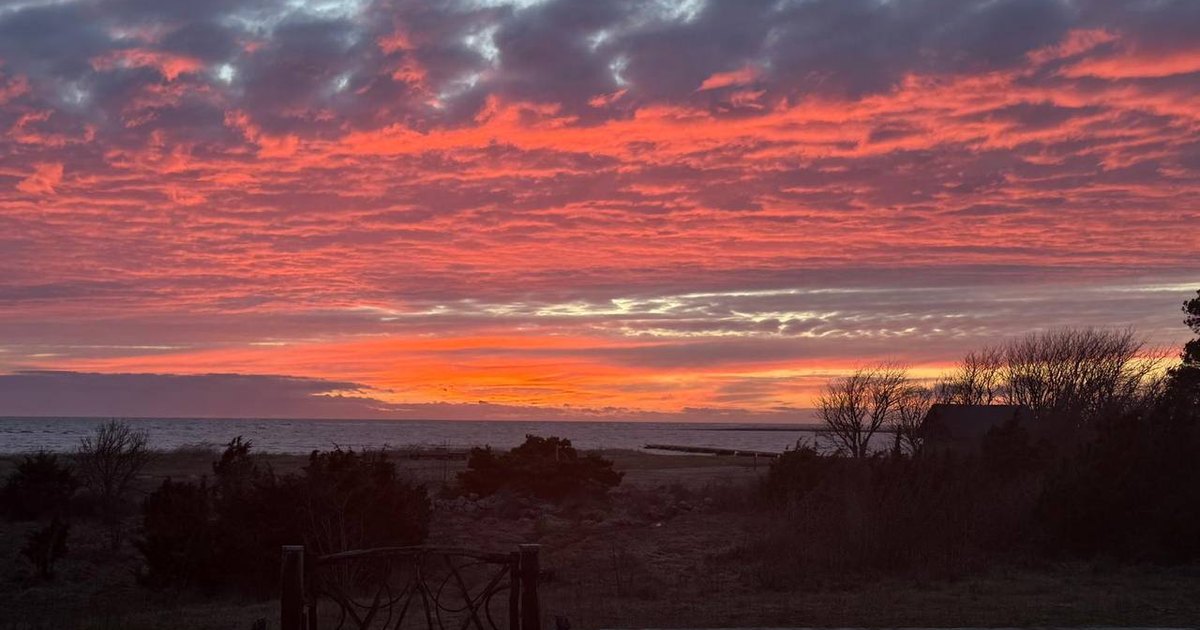 Gotländsk kust i gryningsljus med glödande himmel.